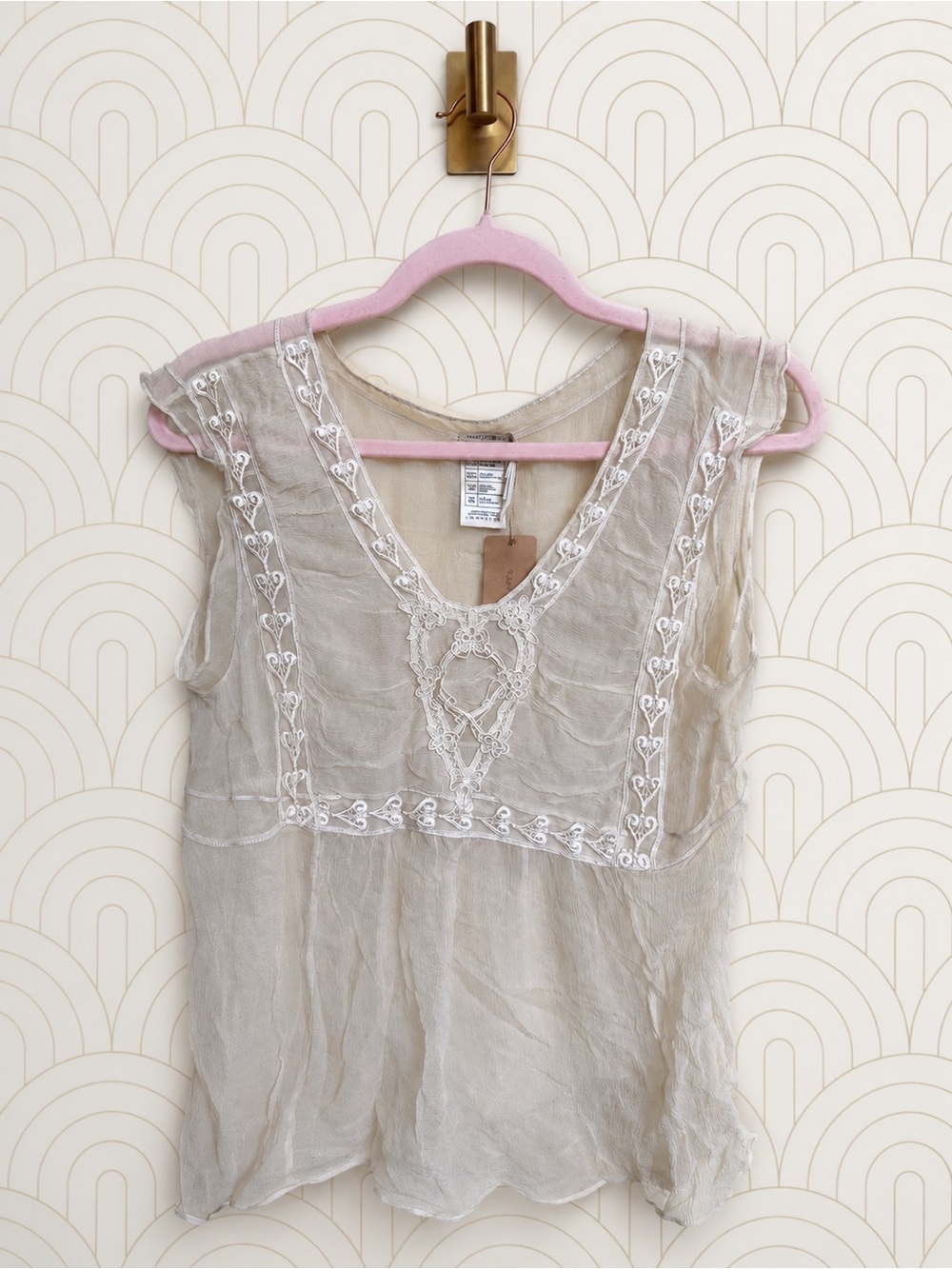 Vintage Max Studio 100% Silk Embroidered Sheer Top XS Y2K Boho